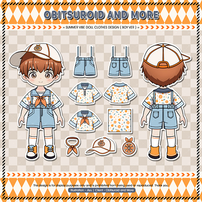 Summer Vibe Doll Clothes Design [Boy Version] anime cartoon chibi children craft cute design sheet doll doll clothes doodle fashion illustration kids knolling nendoroids obitsuroid paper paper doll stickers summer vibe