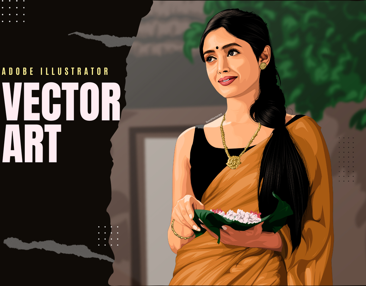 Floral Elegance: Sari Clad Woman on Vector Art adobe illustrator cartoon digital art digital artist dribbble artist graphic design illustration illustration artist line art photo art photo illustration portrait art portrait illustration portrait painting sumitvectorart vector vector artist vector portrait