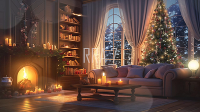 Christmas, New Year interior on living room december illustration new year room video xmas