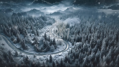 Winter scenery with curvy windy road in snowing covered forest. scenery