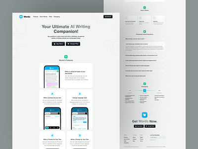 Wordo - AI Writing Assitant App Landing Page ai ai tools ai website ai writing artificial intelligence clean editor landing page landing page design ui uidesign uidesigner uiux uiuxdesign userinterface web design web designer website writing tools