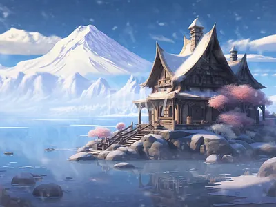Peaceful fantasy house snowing nature landscape background illustration