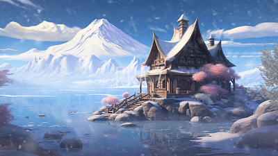 Peaceful fantasy house snowing nature landscape background illustration