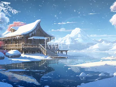 Peaceful fantasy house snowing nature landscape background illustration