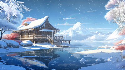 Peaceful fantasy house snowing nature landscape background illustration