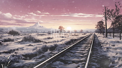 winter scenery. railway tracks on winter. Cartoon or anime illus seasons