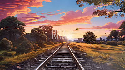 Spring sunset on railway tracks beautiful