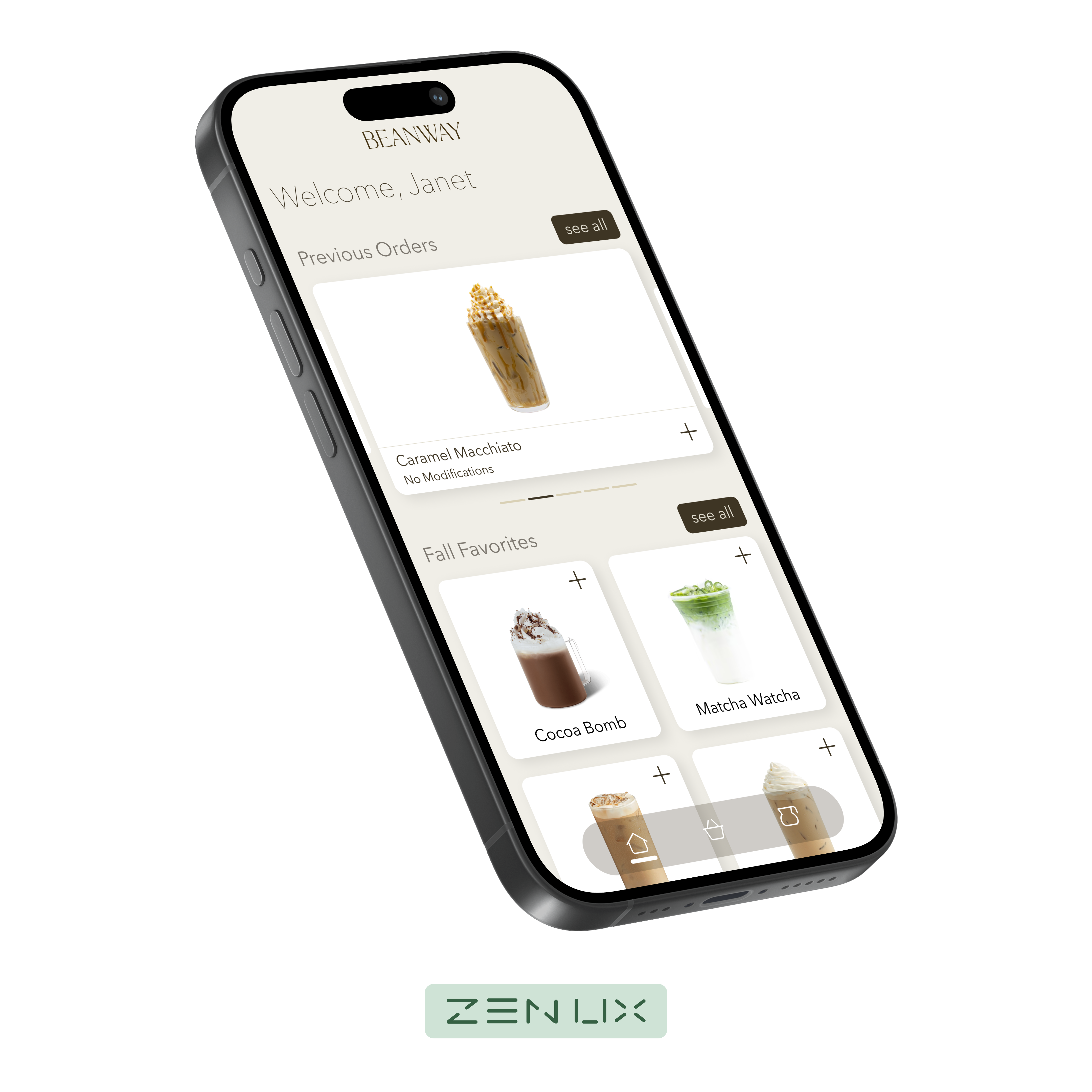 BEANWAY - a mobile coffee shop experience app beige branding clean coffee graphic design iphone iphone15 latte matcha mobile neutral seasonal trend trends ui uidesign uitrends ux uxdesign