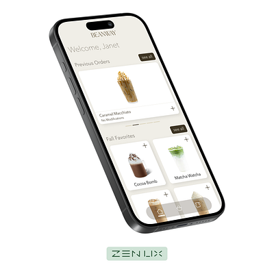 BEANWAY - a mobile coffee shop experience app beige branding clean coffee graphic design iphone iphone15 latte matcha mobile neutral seasonal trend trends ui uidesign uitrends ux uxdesign