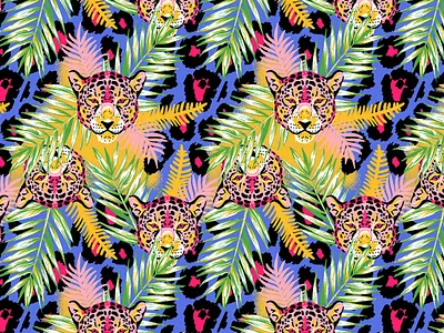 Neon tropical Patttern animal animal print blue cats colorful illustration leaves neon pattern patterns textile tropical tropical leaves vector