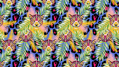 Neon tropical Patttern animal animal print blue cats colorful illustration leaves neon pattern patterns textile tropical tropical leaves vector