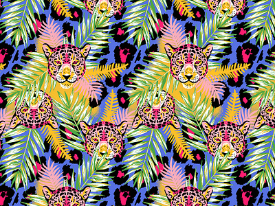 Neon tropical Patttern animal animal print blue cats colorful illustration leaves neon pattern patterns textile tropical tropical leaves vector