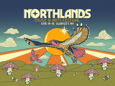 Northland's Music and Arts Festival Key Art and Branding bees birds branding clouds eletronic finch gradient hand drawn hawk illus illustration jam band line work logo mountains mushroom music music festival sun vintage