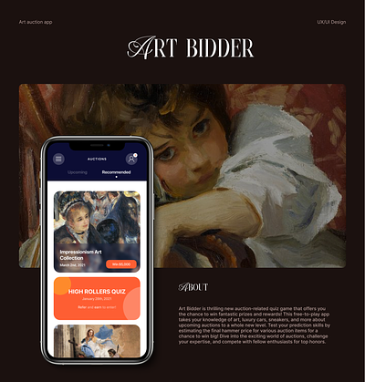 Art Auction App art auction bidding catalog entertainment mobile game mock up painting ui user friendly