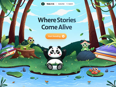 Webook Header Illustration animals banner book childrenbook cute design digitalbook education fabel forest header hero illustration kids learning nature panda story turtle ui