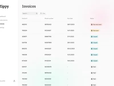 Table of invoices admin filter invoice list panel search table ui