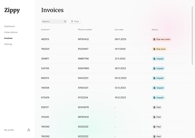 Table of invoices admin filter invoice list panel search table ui