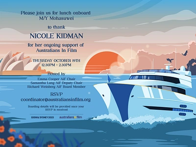 Boat Invitation Design australia boat color colorful design flowers illustration invitation landscape nature ocean relax sea sky sun sunset sydney opera house vector water yacht