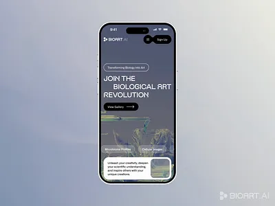 BioArt.AI - Mobile Landing Page ai animation app art biology blue clean design genai genetics interaction landingpage mobile mobileapp product science simple ui ux uxui