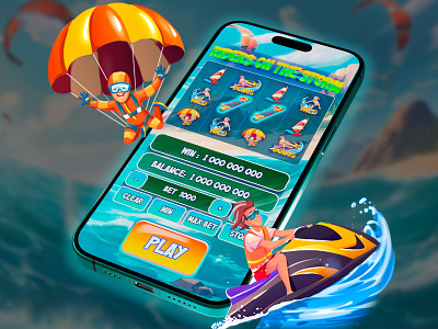 Heart-thumping ‘Riders on the Storm’ — Backdrop and UI Elements adrenaline background background design coastline extreme slot extreme sports graphic design parasailing riders rocks sandy beach skateboarding slotdesign slotonline storm surfing ui uielements watersports themed waves