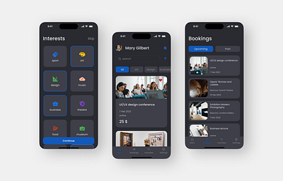 Mobile app for booking events | Dark mode app design mobile ui