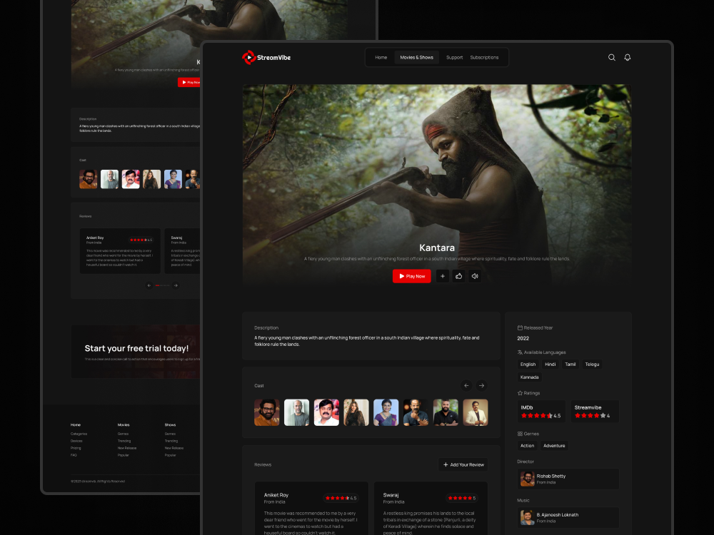 Movie Page Design of Video Streaming Website black brand dark design info modern movie movies ott player red streaming technology template ui ux video watch web website