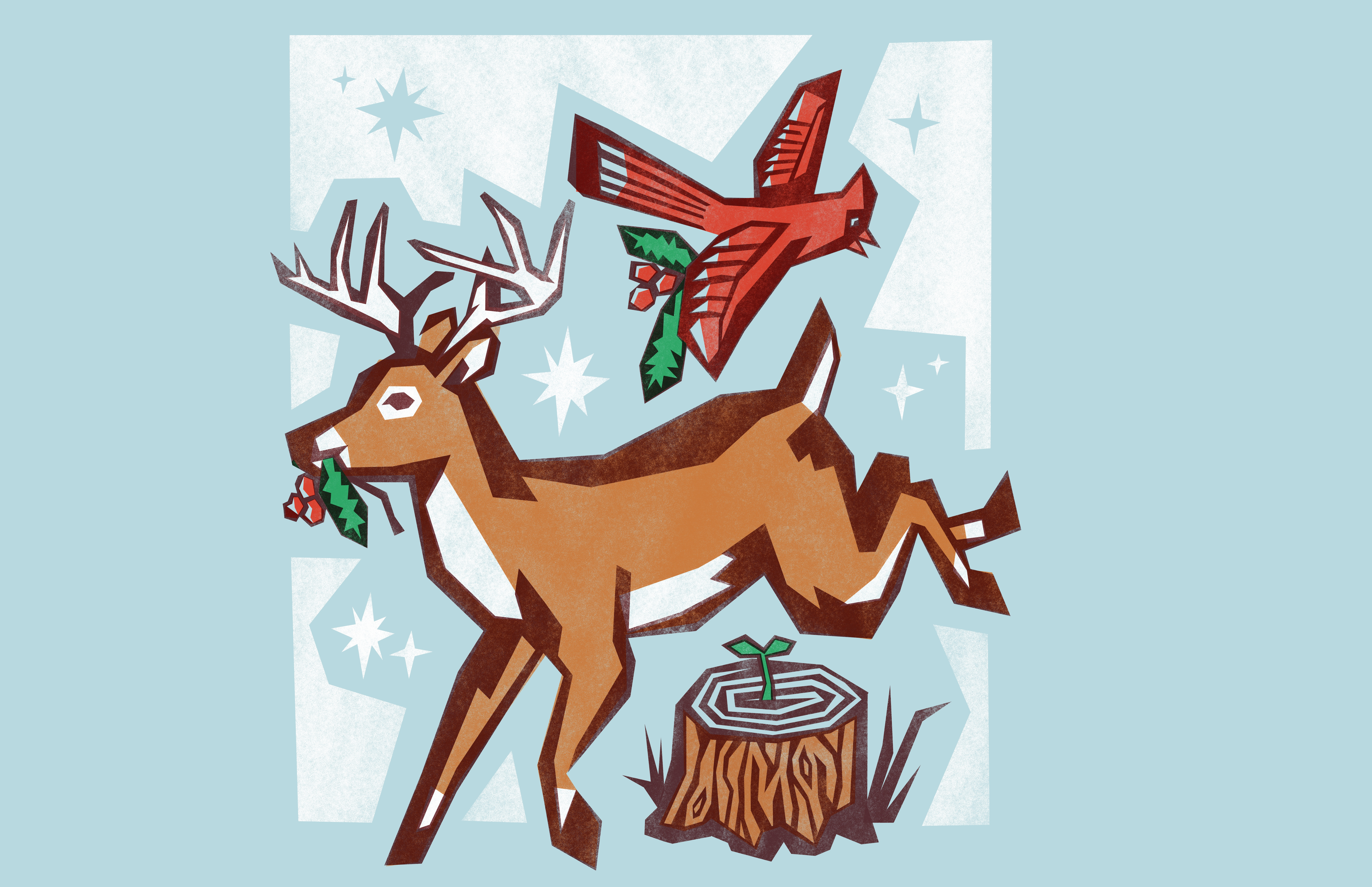 Don't get mad at me - it snowed last week! bird block buck cardinal christmas deer holly isaiah jesse mistletoe print root snow stump winter