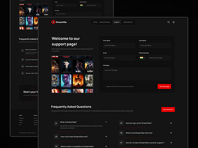 Support / Contact Us Page Design of Video Streaming Website black brand contact dark desing faq form futuristic grey modern new ott red streaming support template ui ux web website