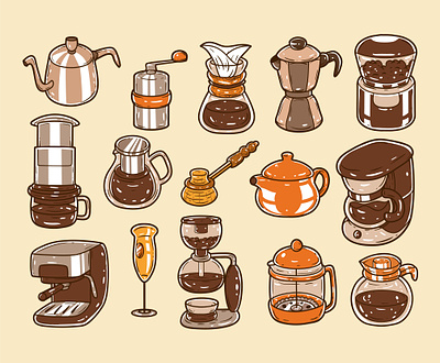 Coffee-making tools illustration in hand-drawn style appliances barista cafe cafeteria coffee coffee maker design doodle drink equipment graphic design hand drawn icon illustration material object pot stainless tools vector