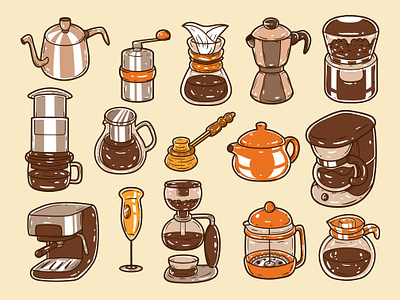 Coffee-making tools illustration in hand-drawn style appliances barista cafe cafeteria coffee coffee maker design doodle drink equipment graphic design hand drawn icon illustration material object pot stainless tools vector