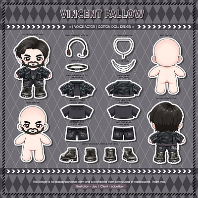 Vincent Fallow - Voice actor Cotton Doll Design anime character character design chibi costume cotton doll design sheet doll doodle fan merch fanart fanmade fashion fashion sheet illustration leather paper doll plush sticker voice actor