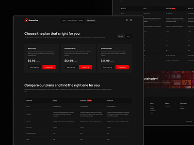 Subscription / Pricing Page Design of Video Streaming Website black brand comparison dark design grey ott plan price pricing rate red stream streaming subscribe subscription template ui ux video