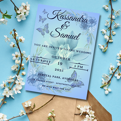 Blue tones wedding invitation templates with flowers and butterf canva. templates