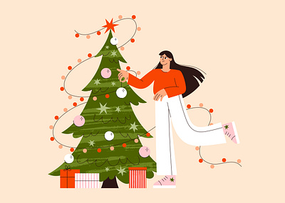 Girl decorate Christmas tree branding christmas christmas tree design flat girl graphic design hand drawn holidays illustration modern people trendy ui vector