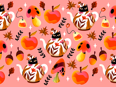 🫖🍎🍁 Cozy pattern 🐈‍⬛🍄🍂 artwork autumn cat colors cozy graphic design happy illustration illustrator pattern