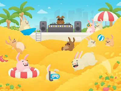 Travel Deal Tuesday 2023 beach bunny carrot coin cute deal gold hopper illustration landscape money rabbit sale travel treasure tuesday