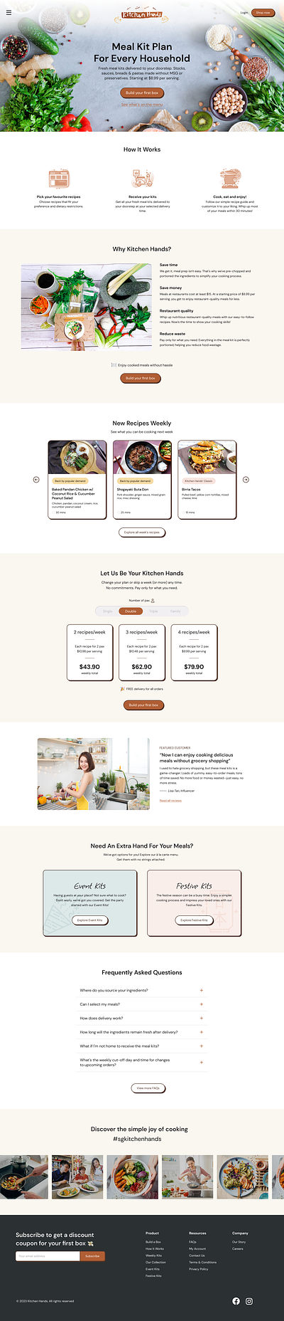 Meal Kit Service Website 3d button email subscription faq featured testimonial food and beverage footer instagram reel meal kit meal prep pricing table retro theme