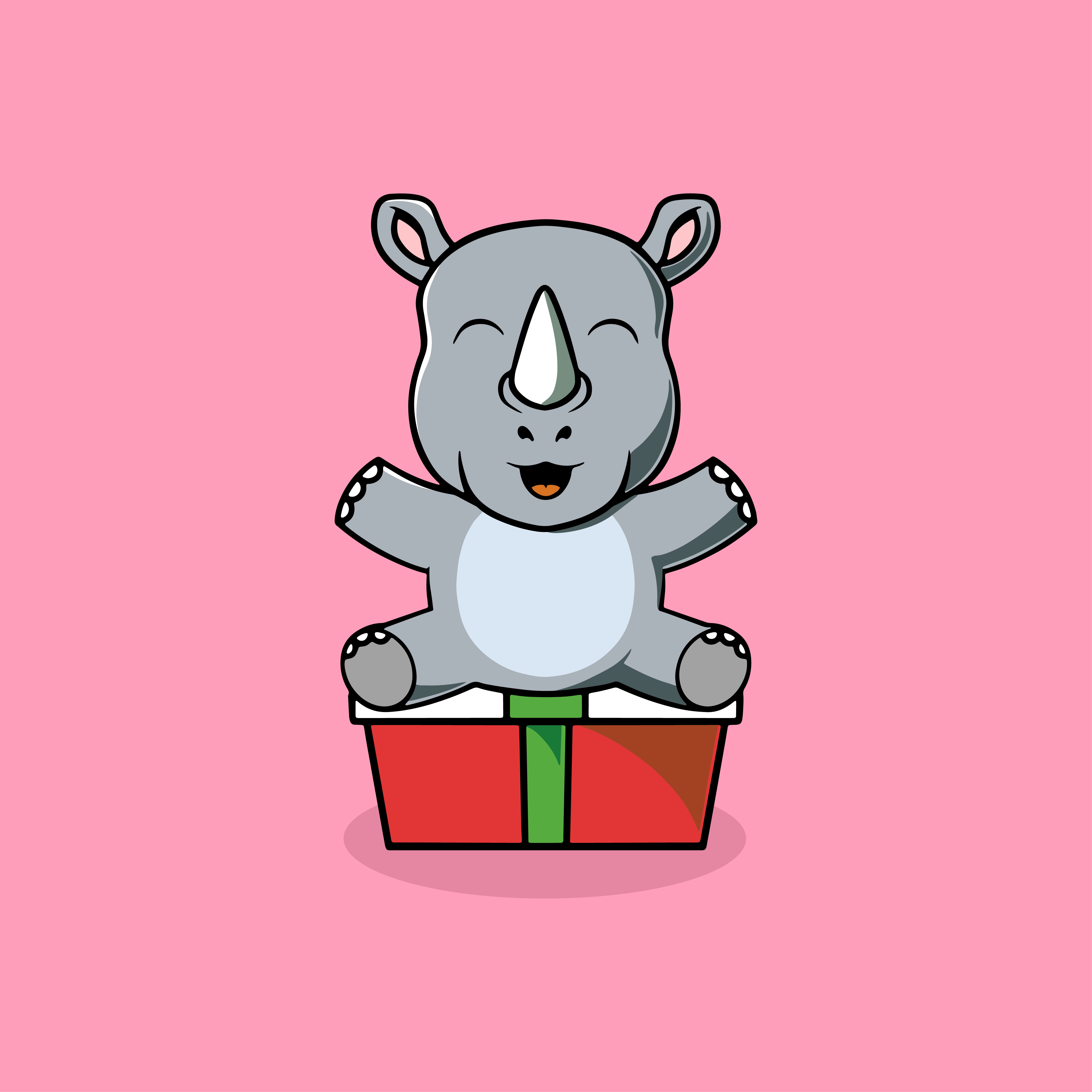 Cute rhino with christmas gift cartoon illustration branding
