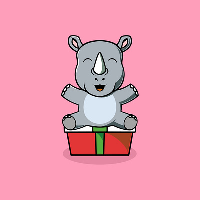 Cute rhino with christmas gift cartoon illustration branding