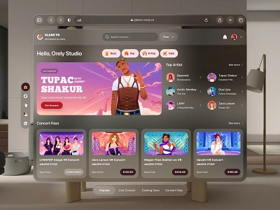 Glass VR: Spatial Dashboard Concert 🎤 3d apple booking branding clean concert dashboard design glassmorphism graphic design illustration logo meta quest music oculus orely transparent ui vision pro vr