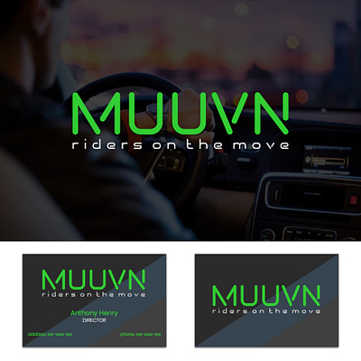 MUUVN logo and business card for a riders company branding business card green lettering logo marketing riders typography wordmark