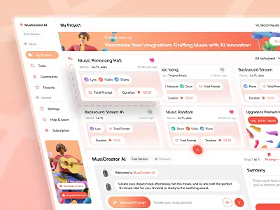 AI Music Creator Website UI ai generated music ai playlist ai startup album artificial intelegent audio generate music instrumen music music generator music label orange playlist song sound design spotify technology tools ui web design
