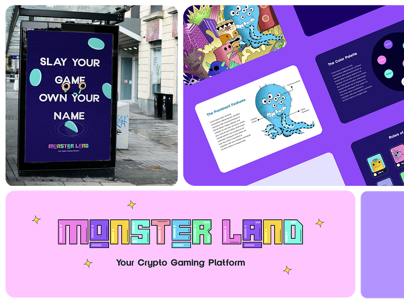 Monster Land - Branding Project 2d animation blockchain brand identity branding character animation colourful illustration crypto game crypto platform cryptocurrency doodle art futuristic doodle game branding game brochure gaming brand graphic design logo monster art nft art typography vector illustration