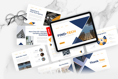 Find-Tech PowerPoint Template agency business find tech gsl it solution key modern navy blue orange powerpoint ppt pptx presentation template technology ui website