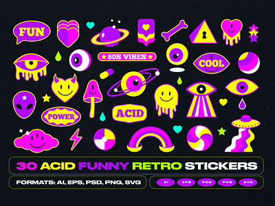 Funny Acid Retro Stickers 90s acid badge emoji fun funny icon pack patches retro set smile stickers teen vintage
