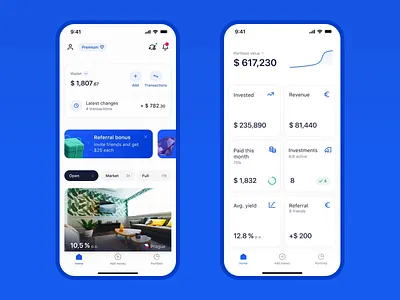 Investown—real estate investing app fintech investment minimal mobile money real estate ui