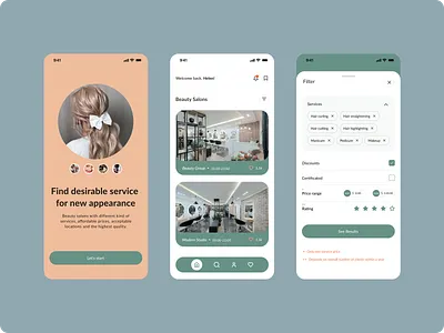 Beauty Salon app appearance beauty body design ecommerce filter hair makeup mobile design results salon serach take care ui ui ux ux