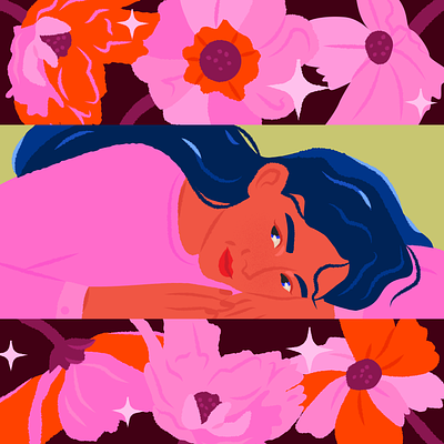 Lost in a technicolor daydream adobe illustrator daydream dream dreaming editorial editorial illustration female character flowers illustration magazine pink stars