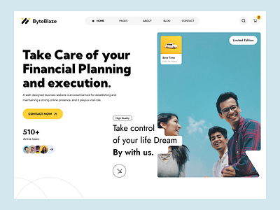 ByteBlaze - Navigate Your Finances with Style and Precision bank blue clean concept design finance header heading home page interface landing page minimal modern money trend ui uiux ux website yellow
