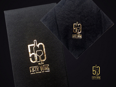 Fifty Wine Logo Apllication 50 fifty wine application branding gold foil graphic design hot foil italy logo logotype lounge bar napkins pavia print wine bar